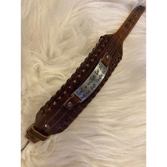 Leather wrist band Engraved verse. ‘God is with her she will not fall.’Psalm46:5 - Picture 3 of 4